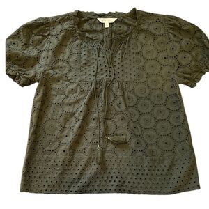 Adiva Gray green  eyelet Puff Sleeve Blouse with Mandarin Collar size medium